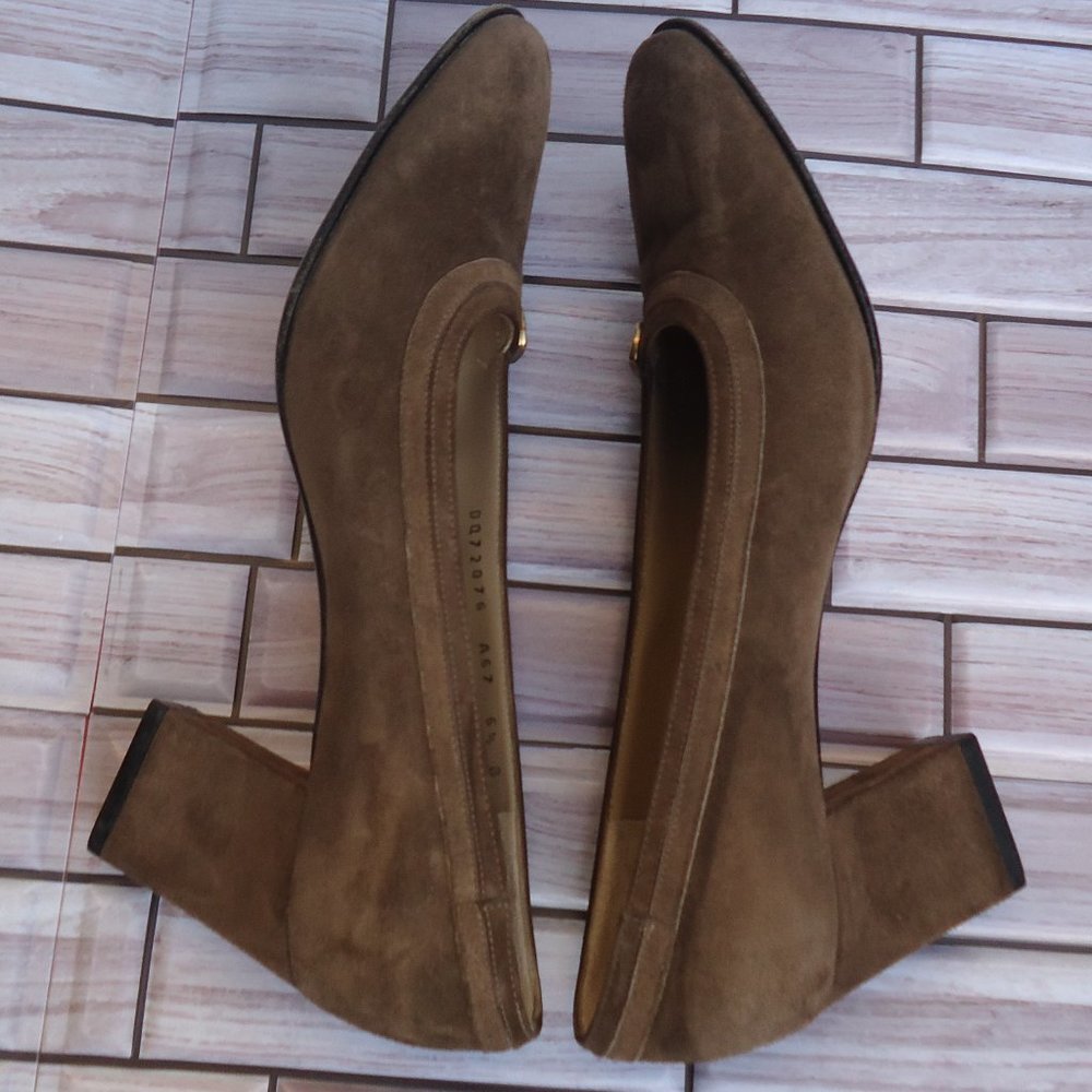 SIZE 6.5 B. Salvatore Ferragamo brown suede leather slip on heels. - Picture 9 of 16